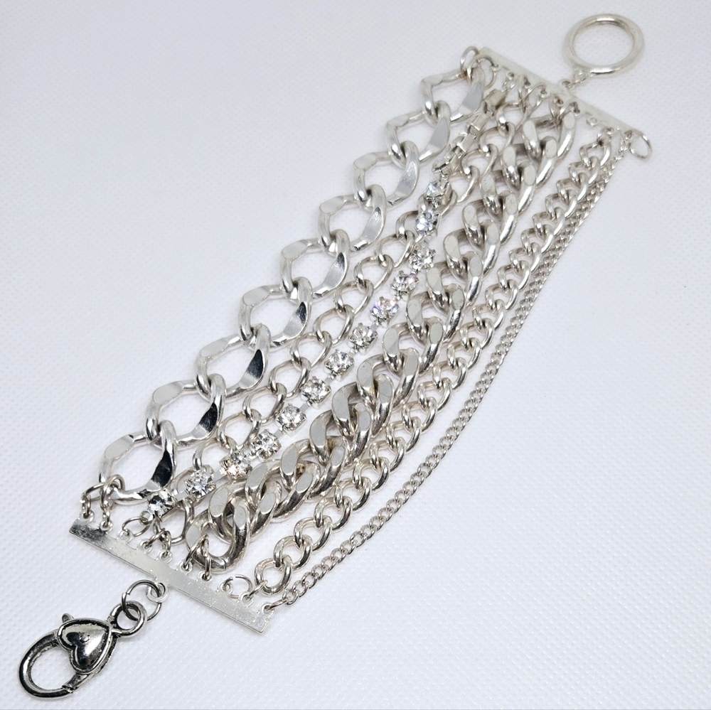 Silver Multi Strand Chain Bracelet Rhinestone Chunky Statement